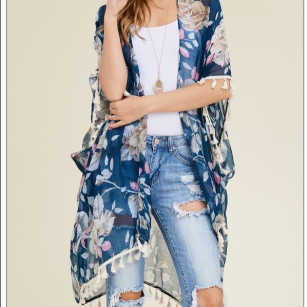 Blue Floral Tassel Kimono